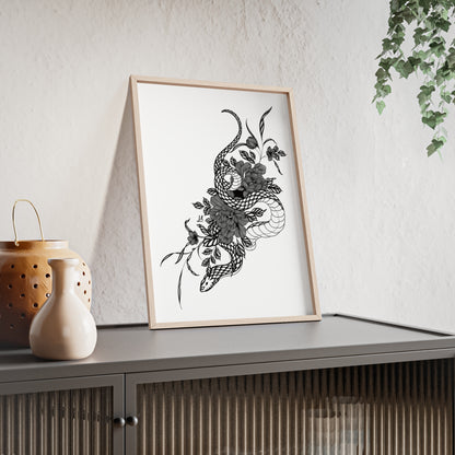 Botanical serpent wall art, in a black and white contrast shading - Framed.