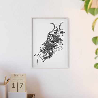 Botanical serpent wall art, in a black and white contrast shading - Framed.