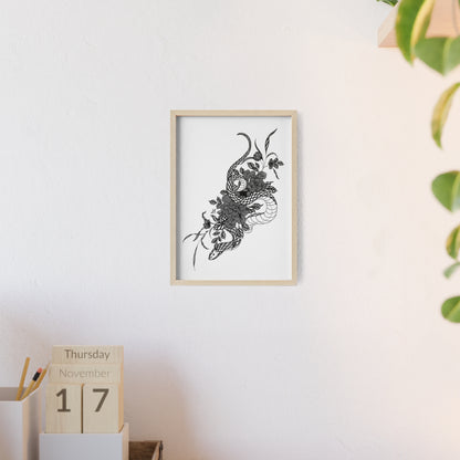 Botanical serpent wall art, in a black and white contrast shading - Framed.