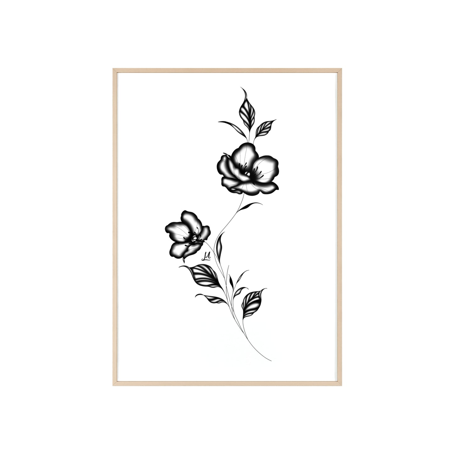Black and white elegant flower artwork - Framed.