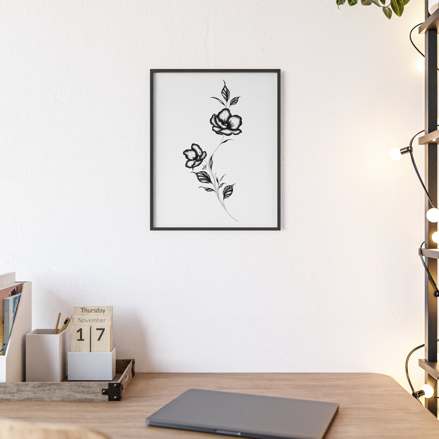 Black and white elegant flower artwork - Framed.