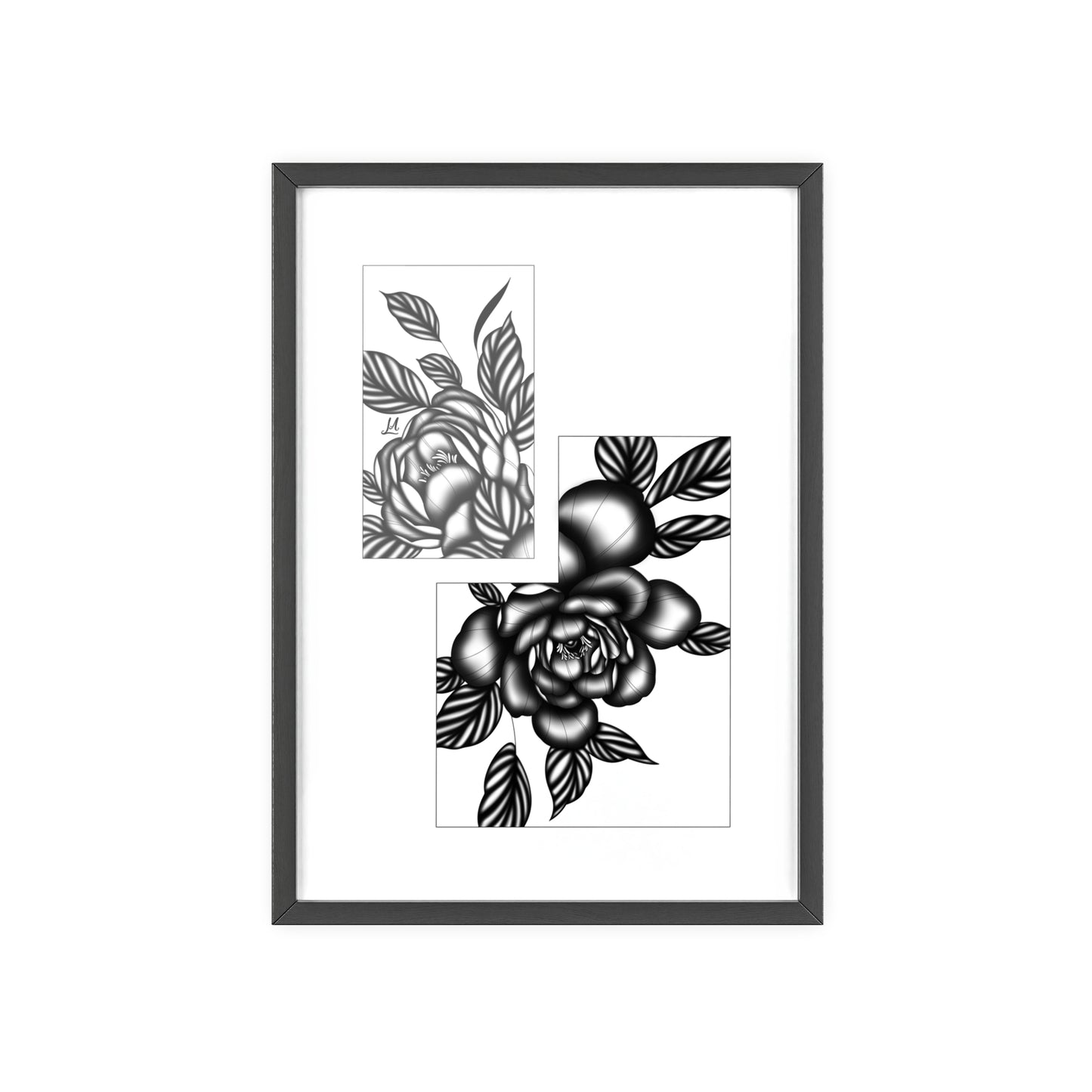 Detailed floral artwork in a black and white setting - Framed.