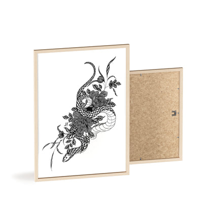 Botanical serpent wall art, in a black and white contrast shading - Framed.