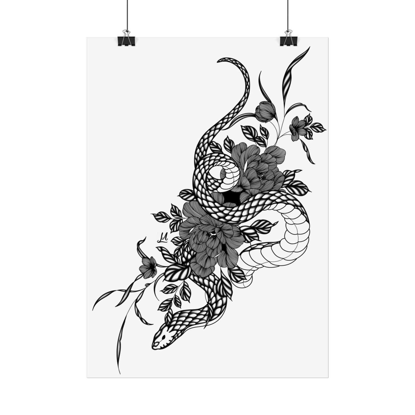 Botanical Serpent Wall Art, in black and white contrast shading.
