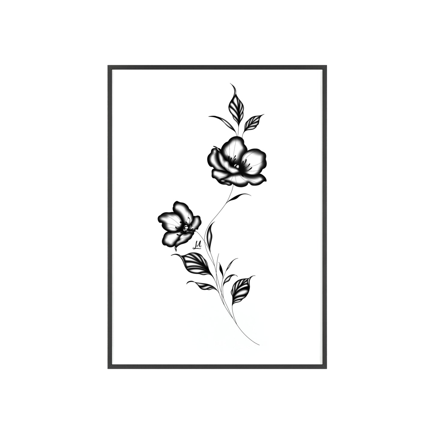 Black and white elegant flower artwork - Framed.