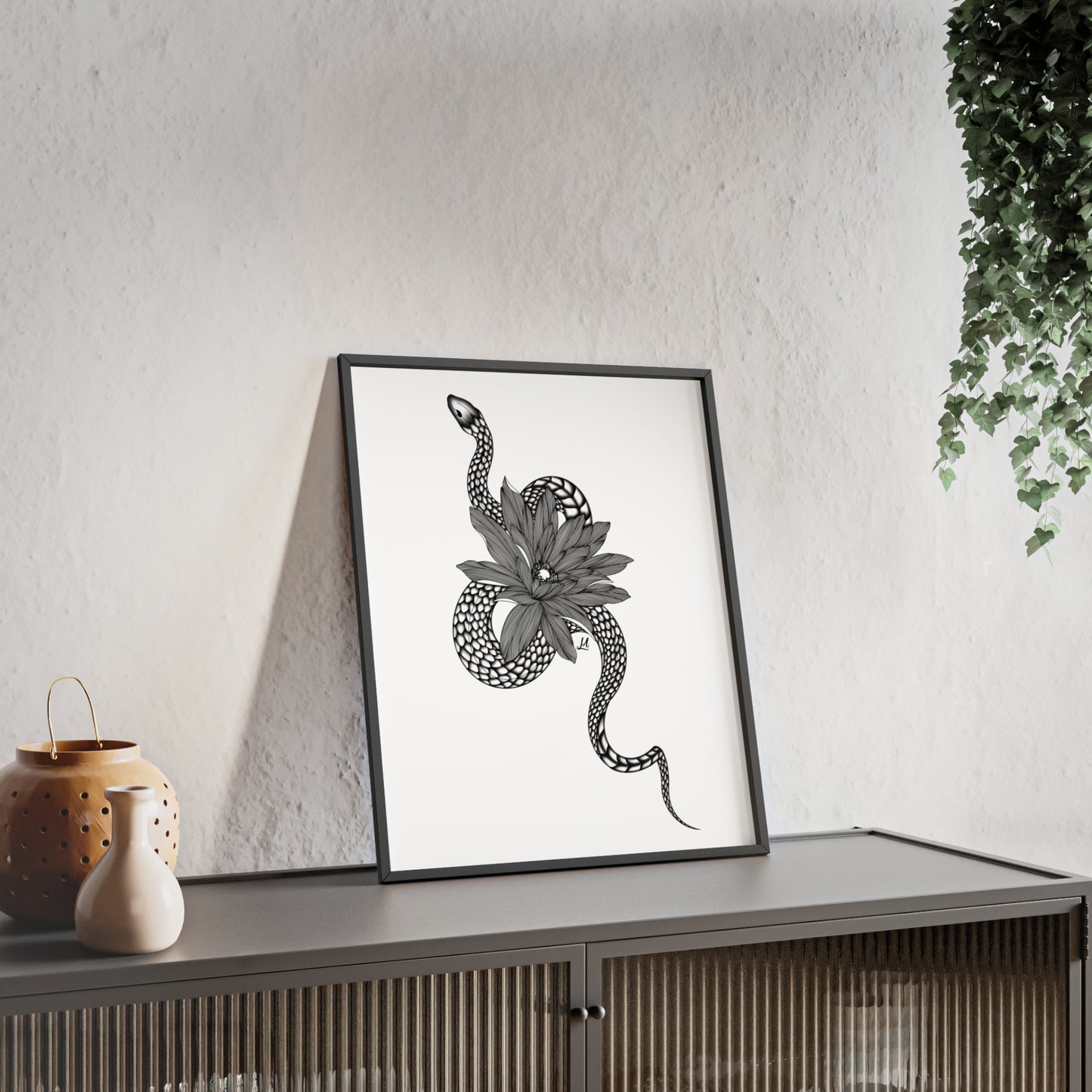 Serpent and flower artwork - Framed.