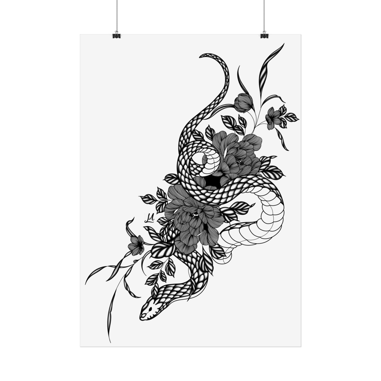 Botanical Serpent Wall Art, in black and white contrast shading.