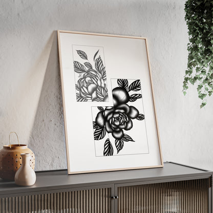 Detailed floral artwork in a black and white setting - Framed.