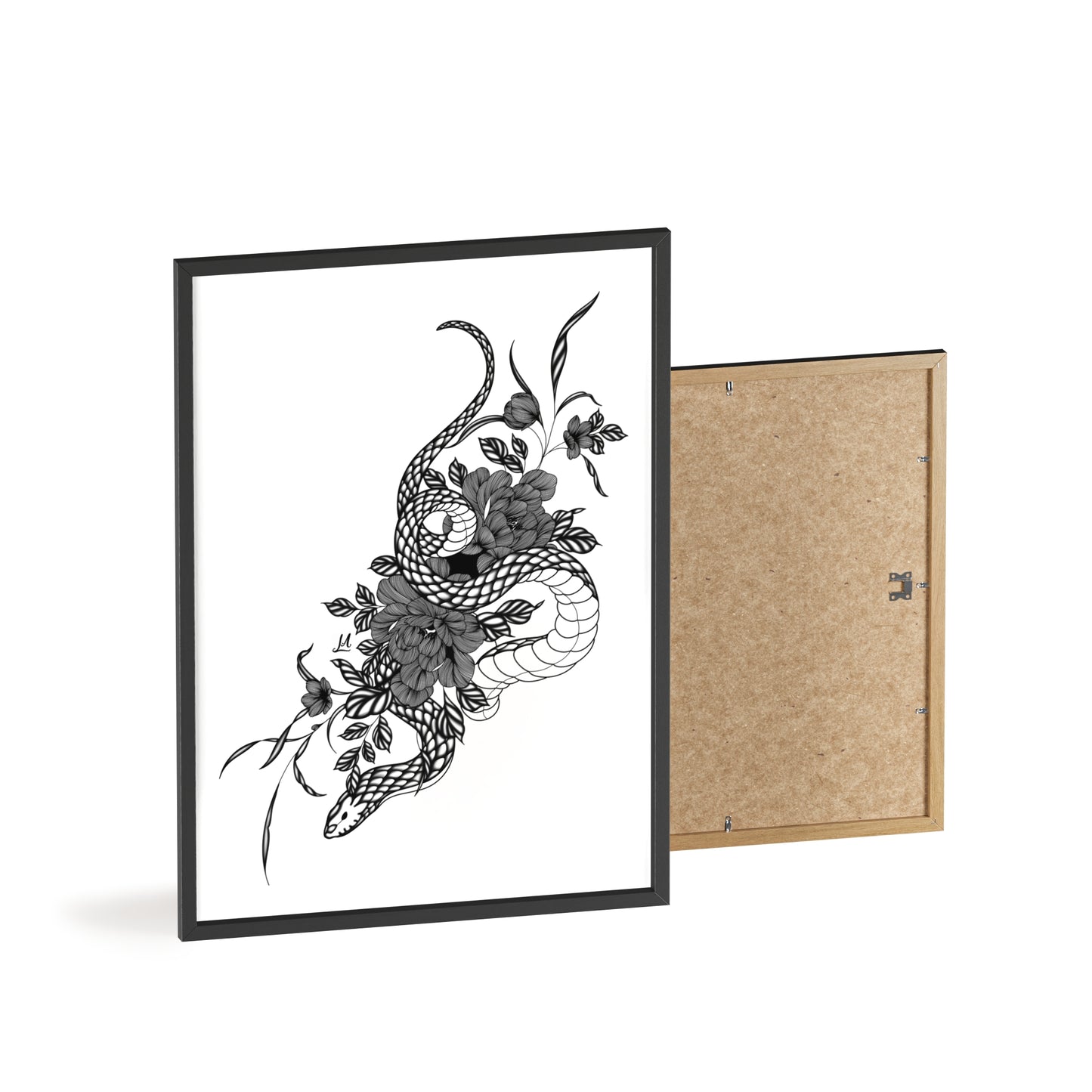Botanical serpent wall art, in a black and white contrast shading - Framed.