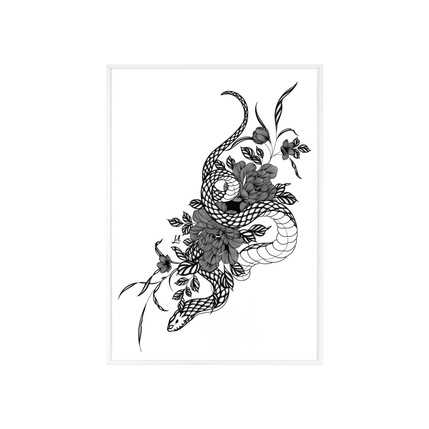 Botanical serpent wall art, in a black and white contrast shading - Framed.