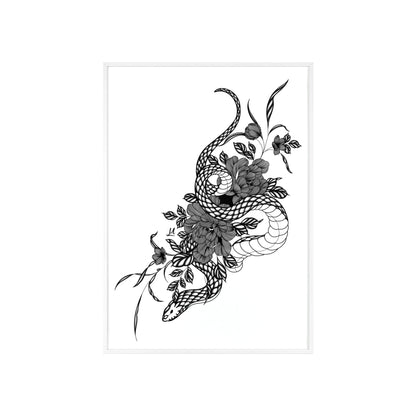 Botanical serpent wall art, in a black and white contrast shading - Framed.