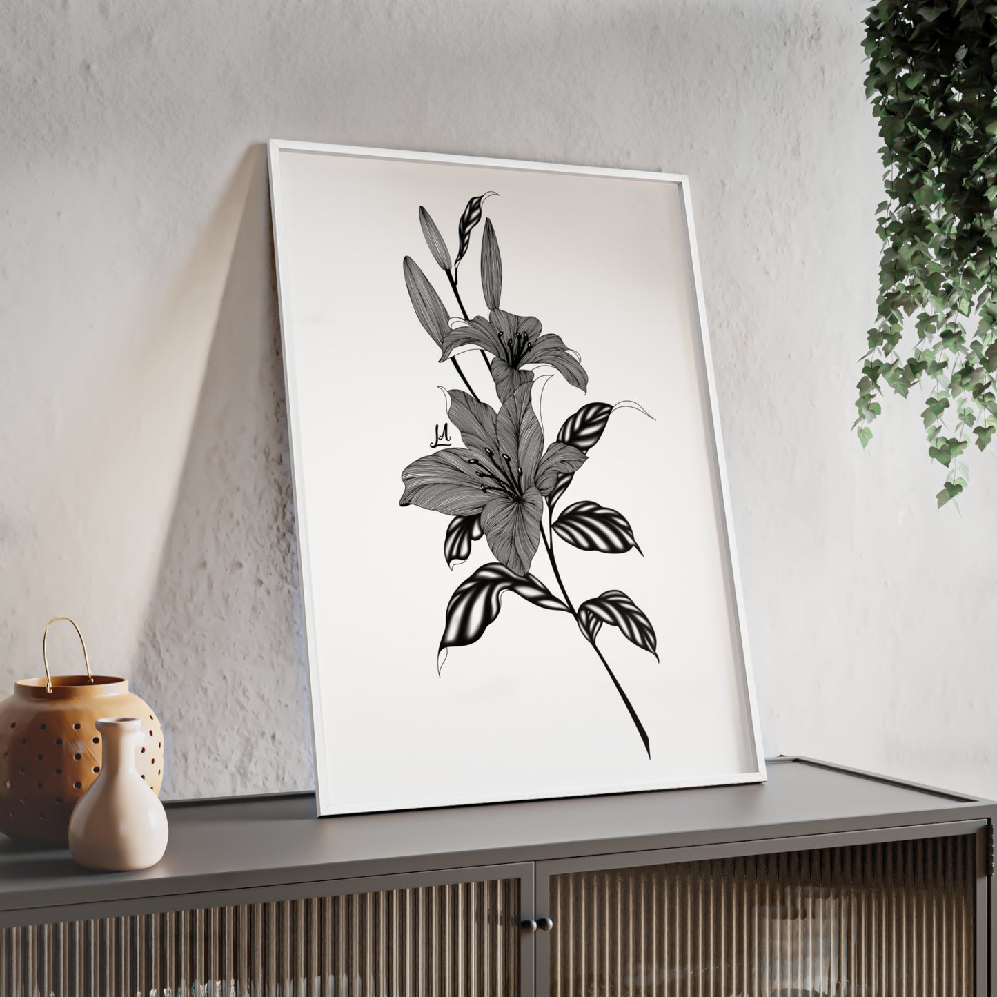 Elegant Floral Wall Art, Black and White Lily artwork - Framed.