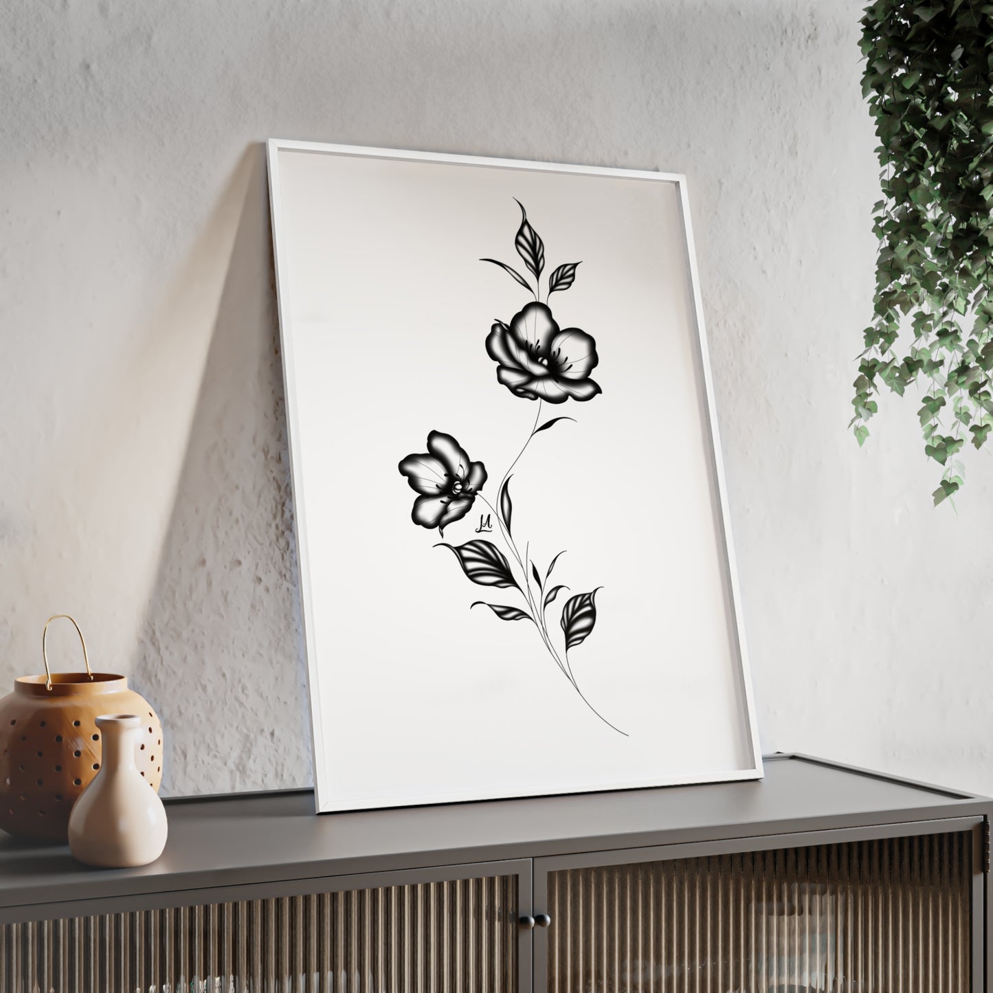 Black and white elegant flower artwork - Framed.
