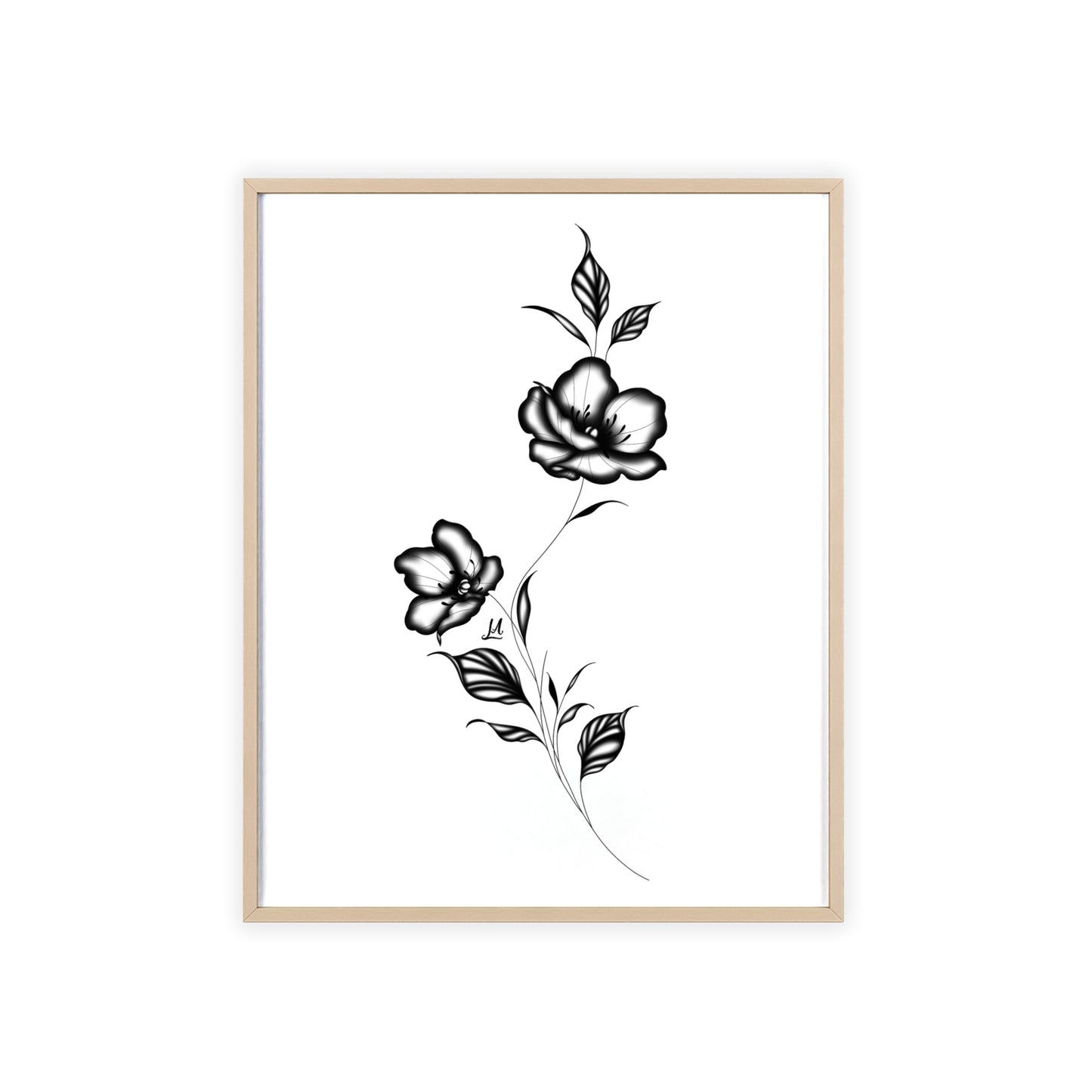 Black and white elegant flower artwork - Framed.