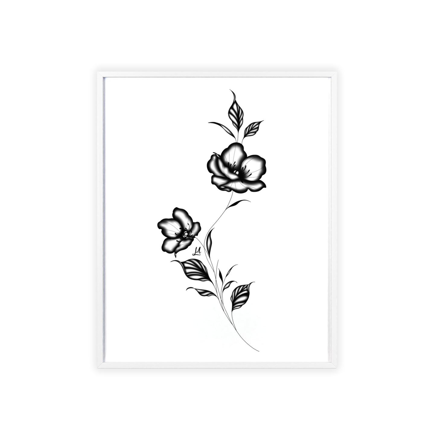 Black and white elegant flower artwork - Framed.