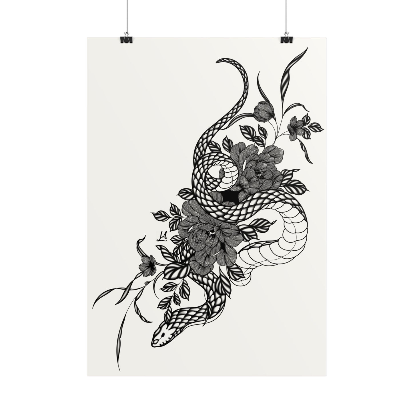Botanical Serpent Wall Art, in black and white contrast shading.