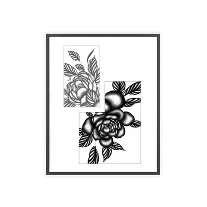 Detailed floral artwork in a black and white setting - Framed.