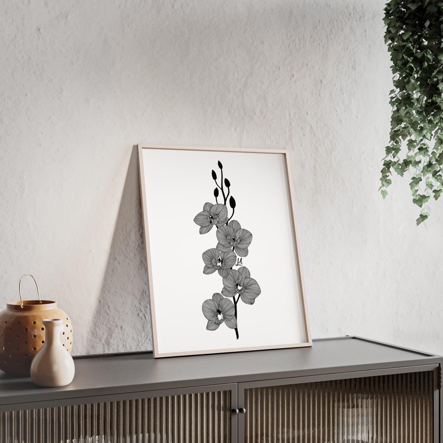 Elegant orchid line artwork - Framed.