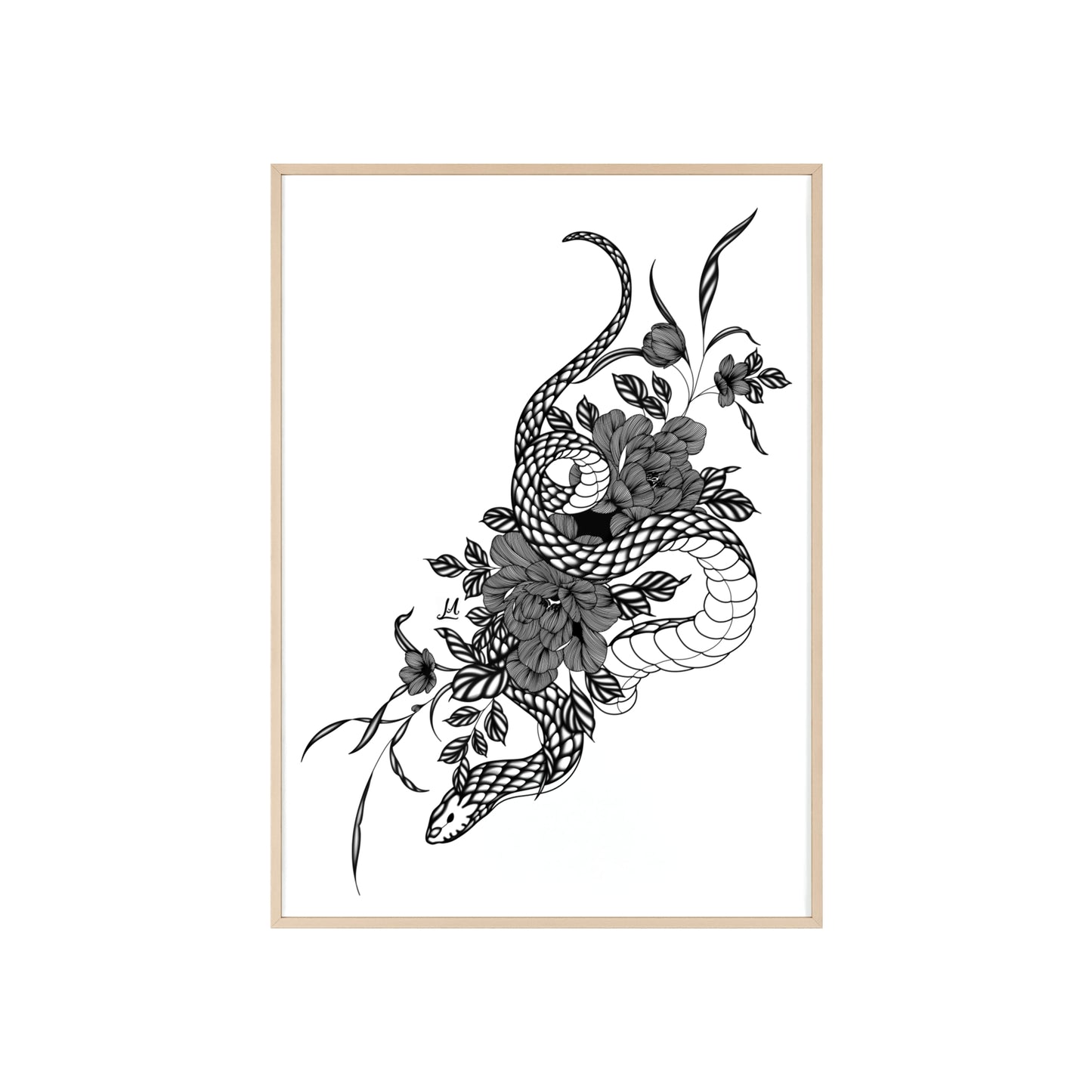 Botanical serpent wall art, in a black and white contrast shading - Framed.