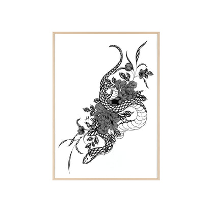 Botanical serpent wall art, in a black and white contrast shading - Framed.