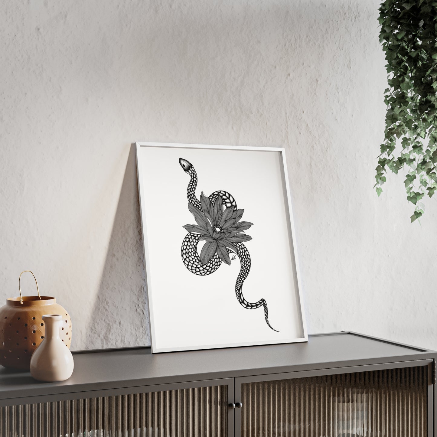 Serpent and flower artwork - Framed.