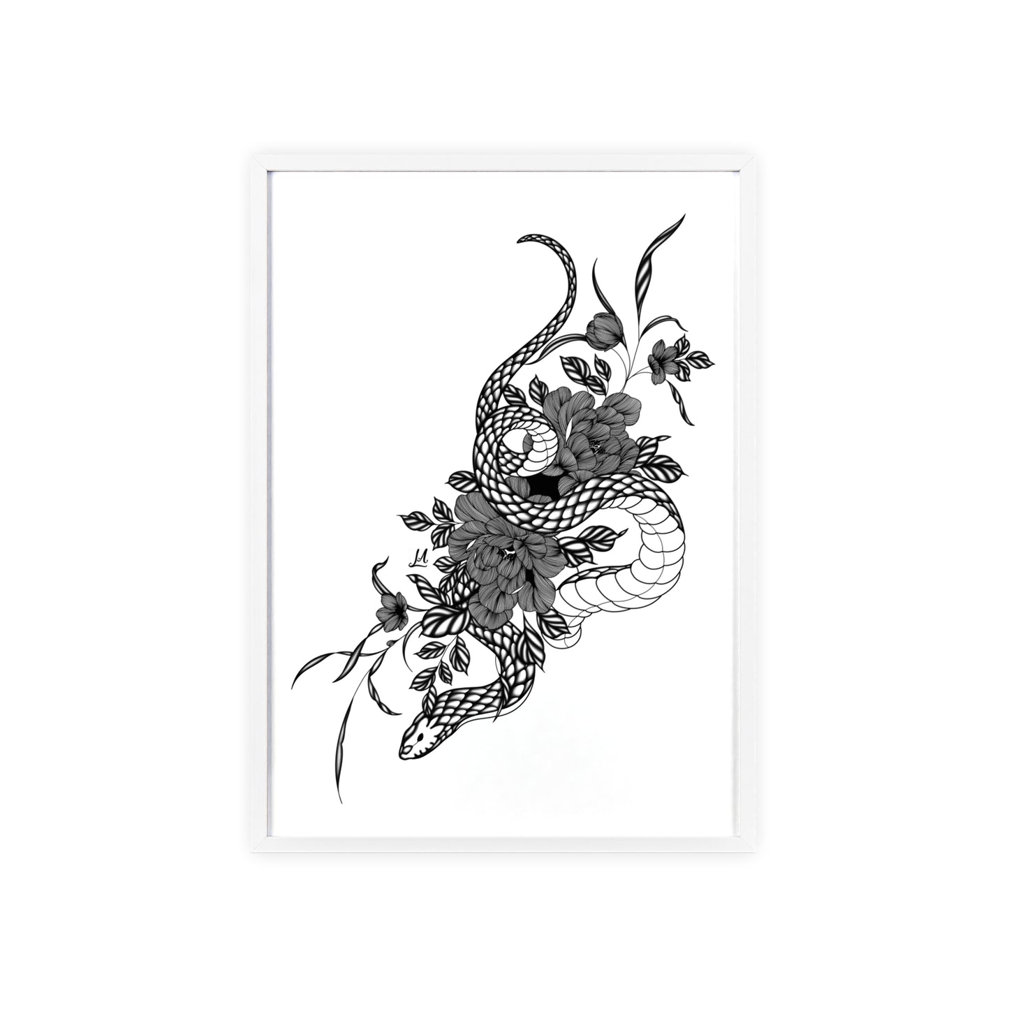 Botanical serpent wall art, in a black and white contrast shading - Framed.