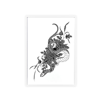 Botanical serpent wall art, in a black and white contrast shading - Framed.