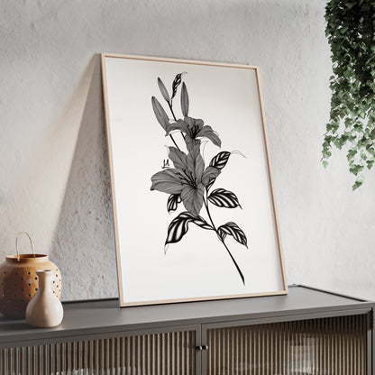 Elegant Floral Wall Art, Black and White Lily artwork - Framed.