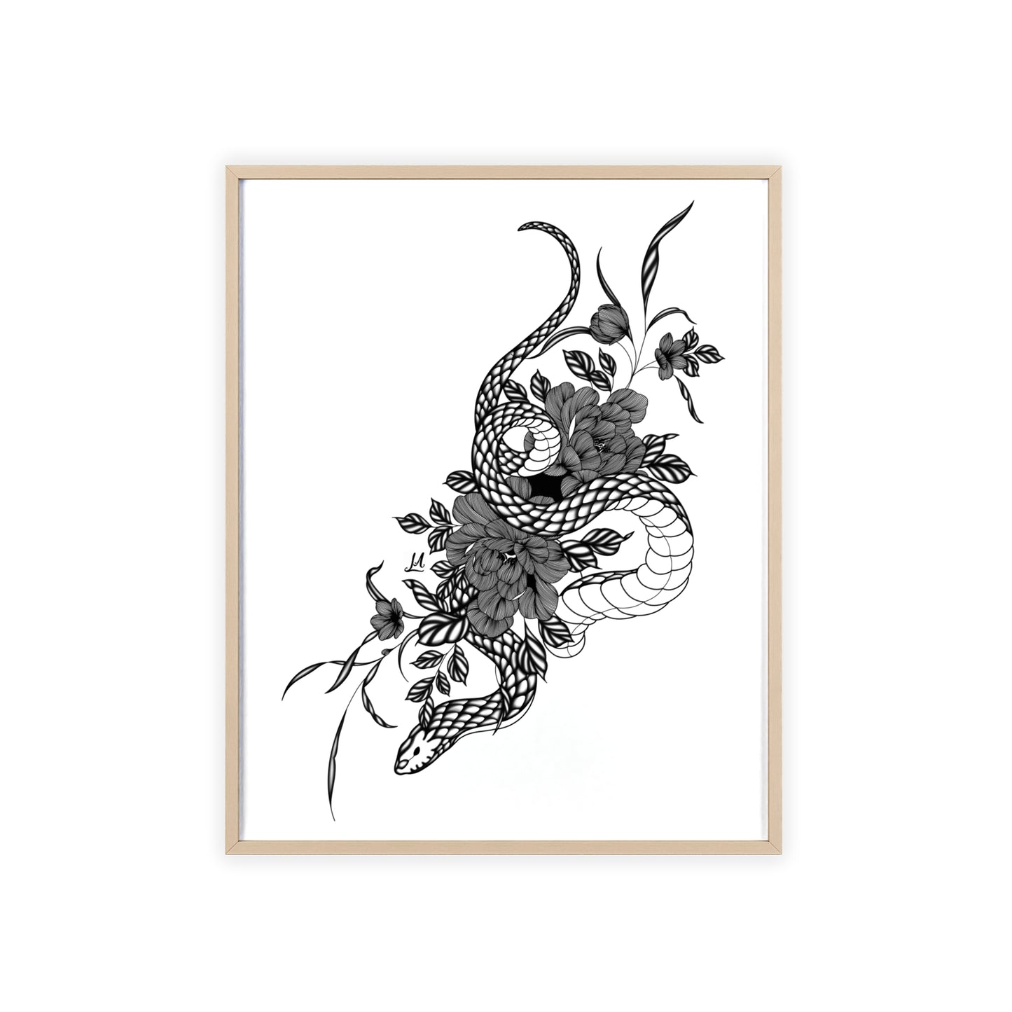Botanical serpent wall art, in a black and white contrast shading - Framed.