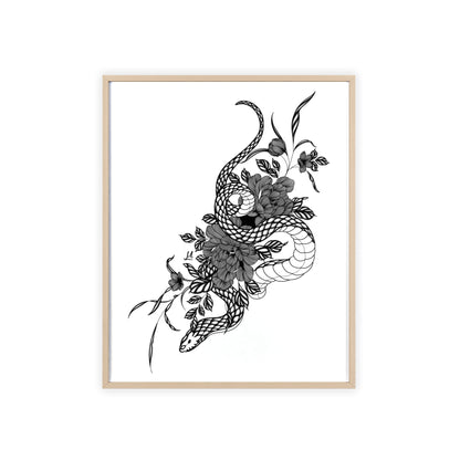 Botanical serpent wall art, in a black and white contrast shading - Framed.