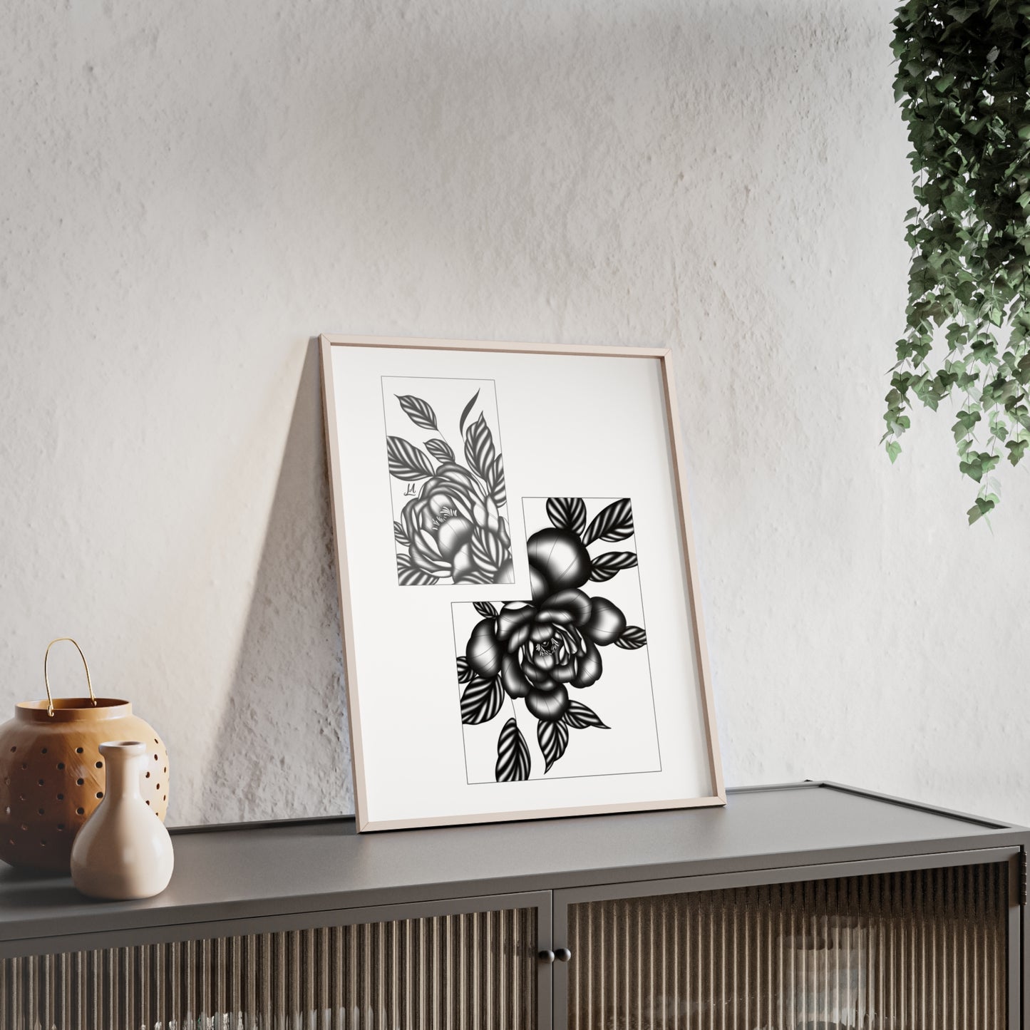 Detailed floral artwork in a black and white setting - Framed.