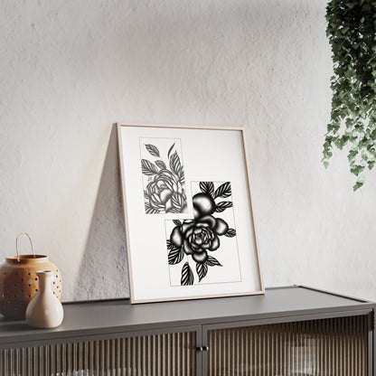 Detailed floral artwork in a black and white setting - Framed.