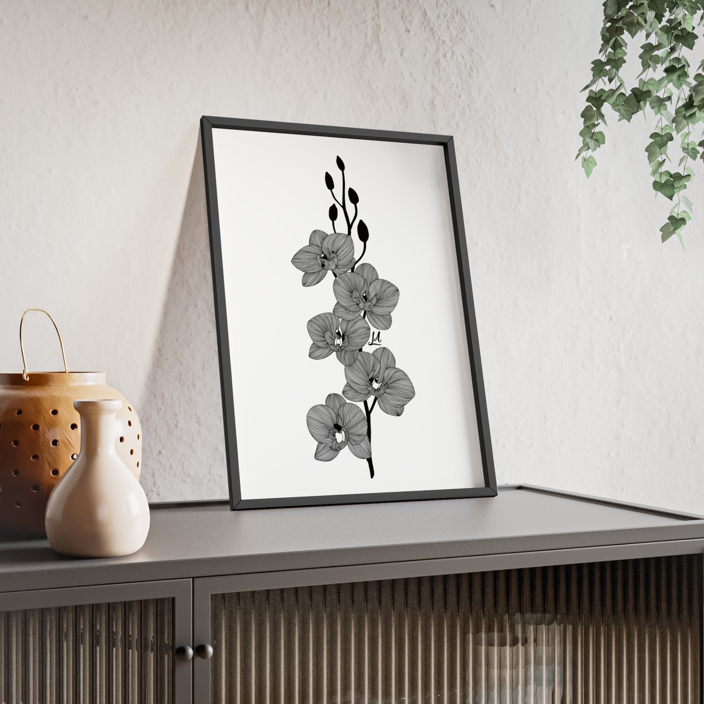 Elegant orchid line artwork - Framed.