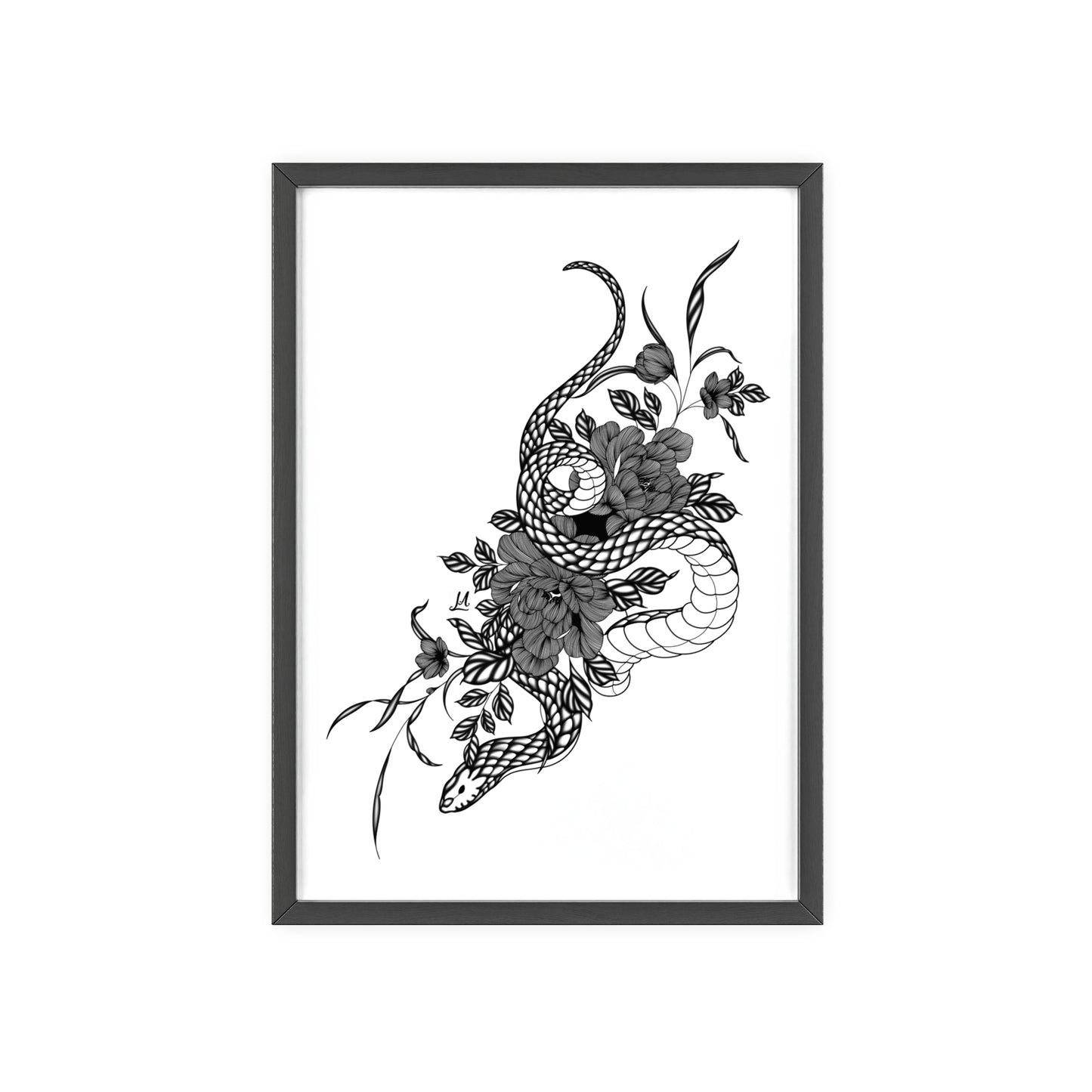 Botanical serpent wall art, in a black and white contrast shading - Framed.