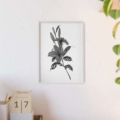 Elegant Floral Wall Art, Black and White Lily artwork - Framed.