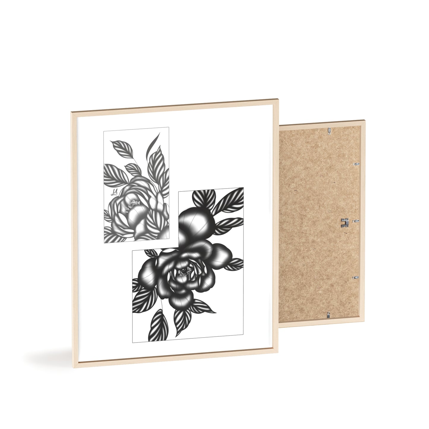Detailed floral artwork in a black and white setting - Framed.