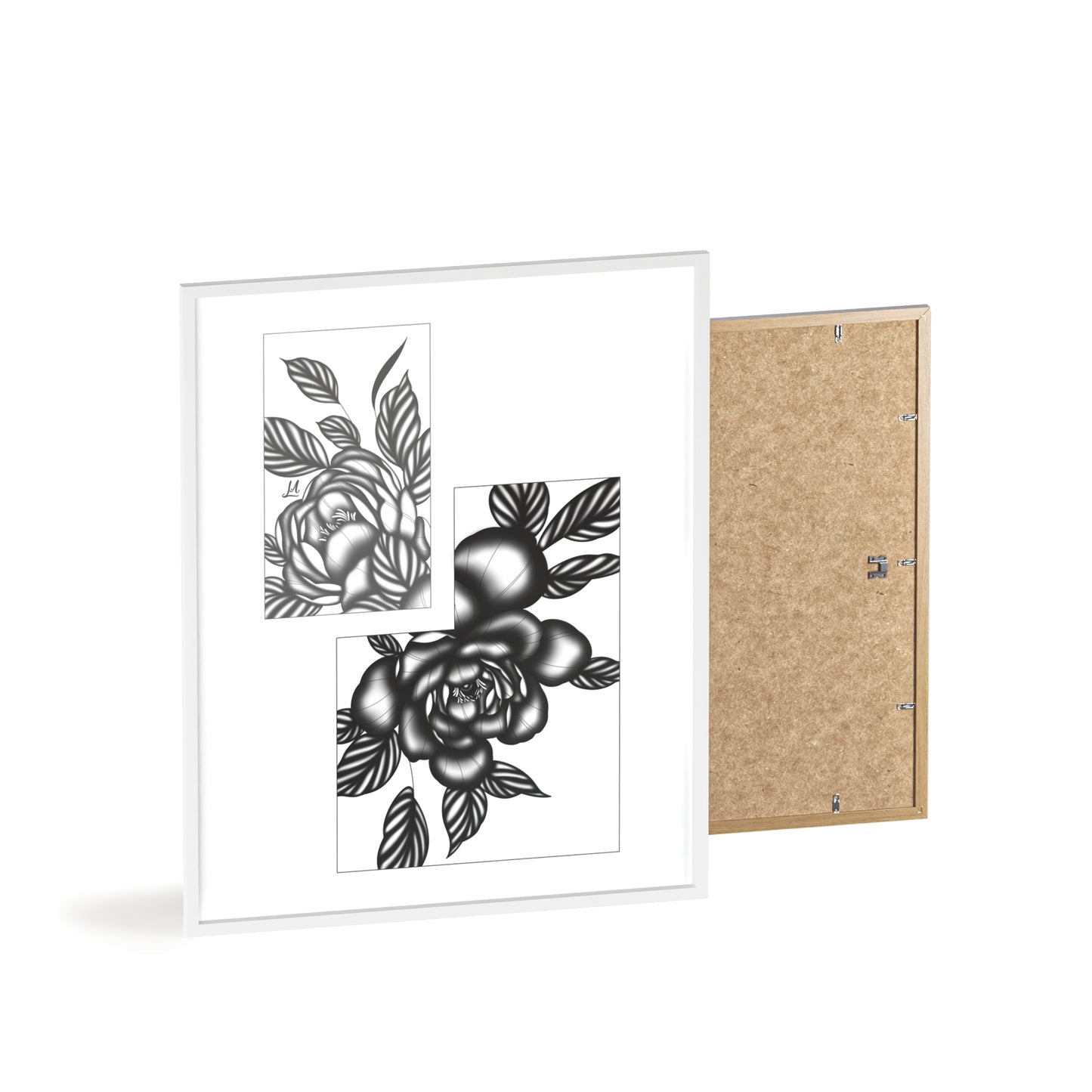 Detailed floral artwork in a black and white setting - Framed.