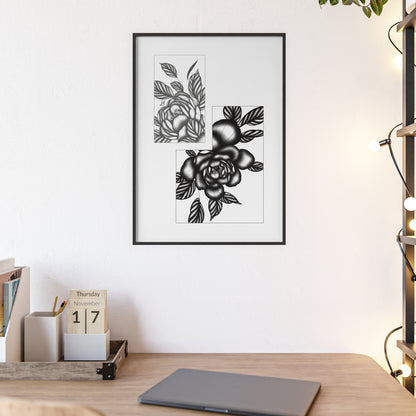 Detailed floral artwork in a black and white setting - Framed.