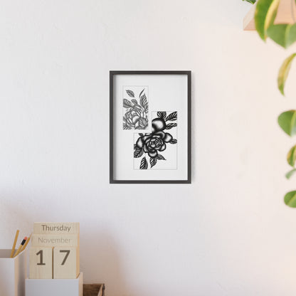 Detailed floral artwork in a black and white setting - Framed.