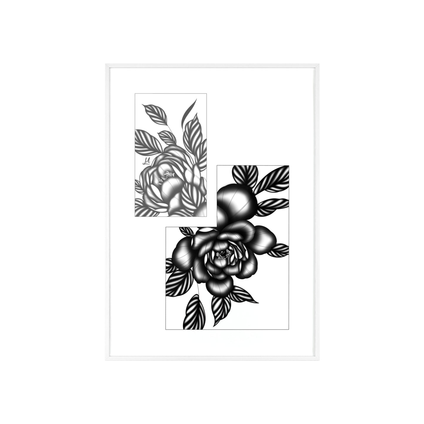 Detailed floral artwork in a black and white setting - Framed.