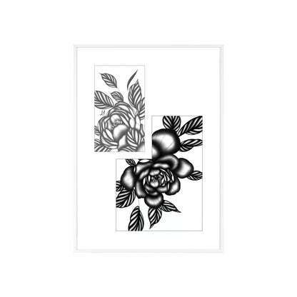 Detailed floral artwork in a black and white setting - Framed.