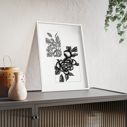 Detailed floral artwork in a black and white setting - Framed.