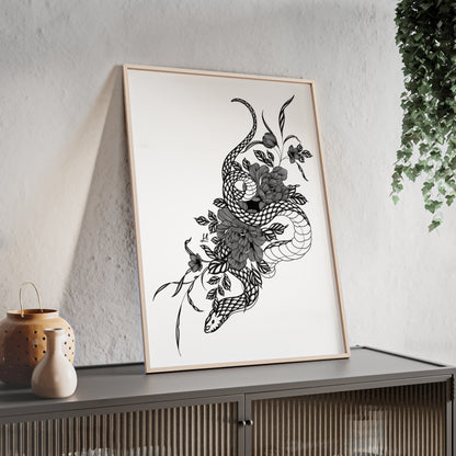 Botanical serpent wall art, in a black and white contrast shading - Framed.