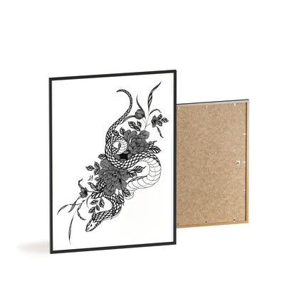 Botanical serpent wall art, in a black and white contrast shading - Framed.