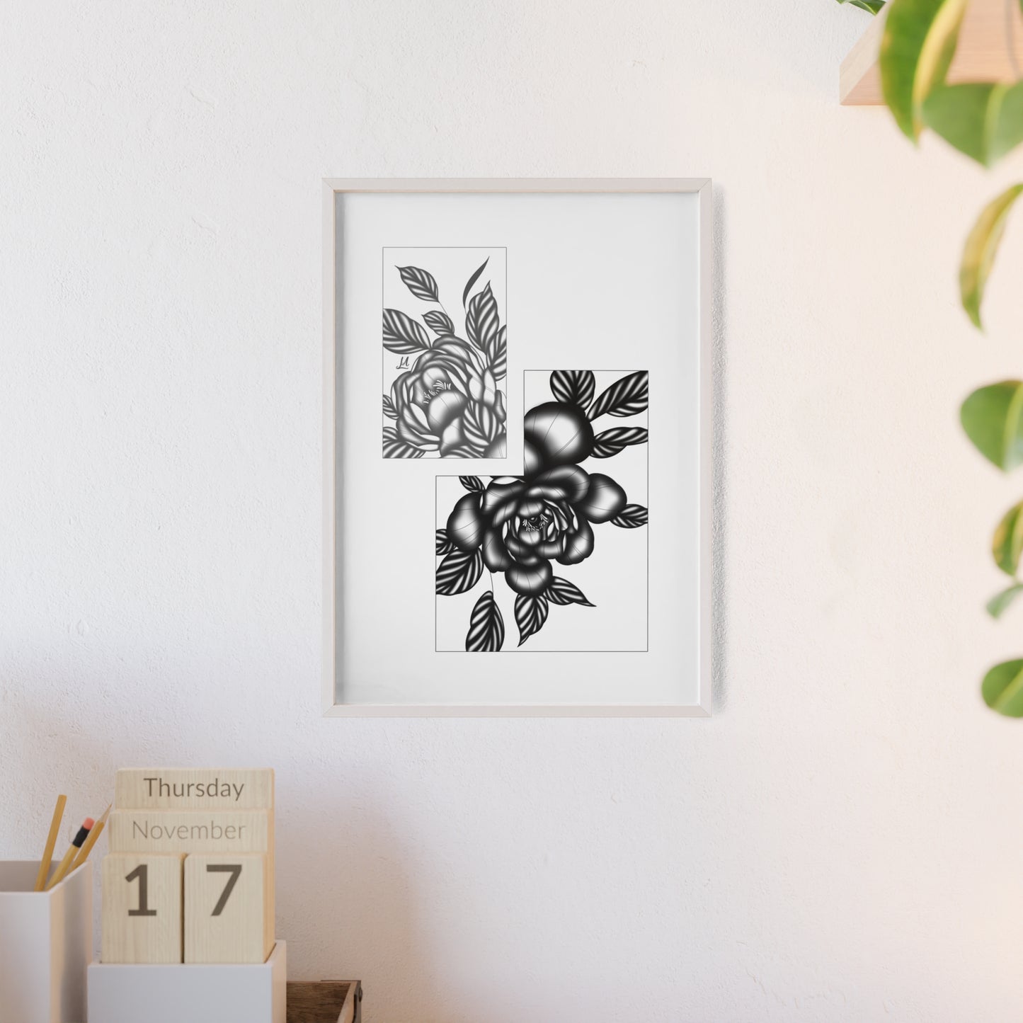 Detailed floral artwork in a black and white setting - Framed.