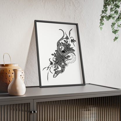 Botanical serpent wall art, in a black and white contrast shading - Framed.