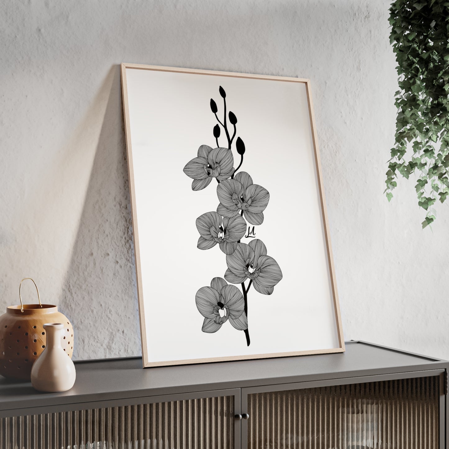 Elegant orchid line artwork - Framed.