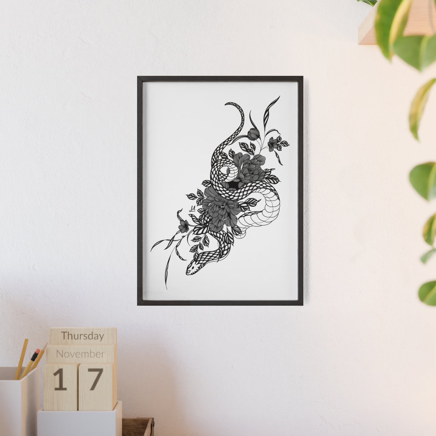 Botanical serpent wall art, in a black and white contrast shading - Framed.