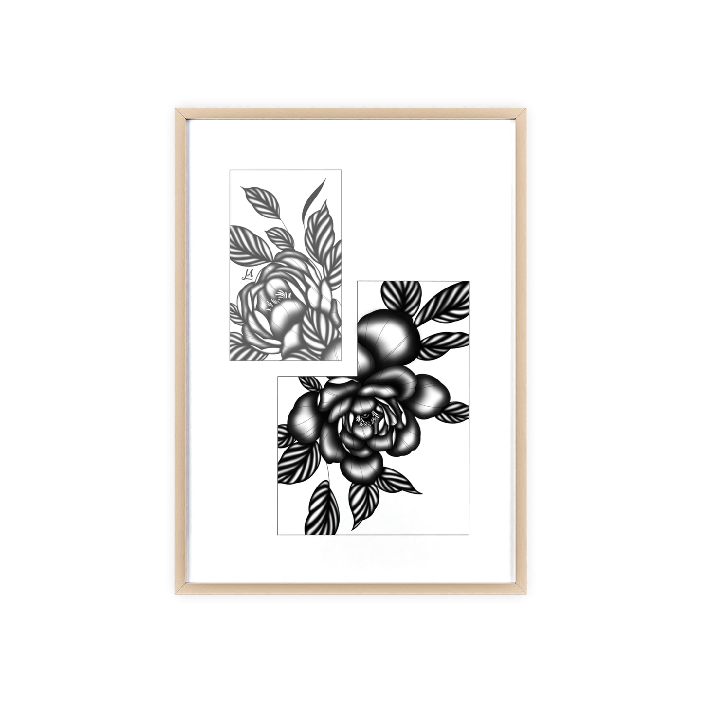 Detailed floral artwork in a black and white setting - Framed.