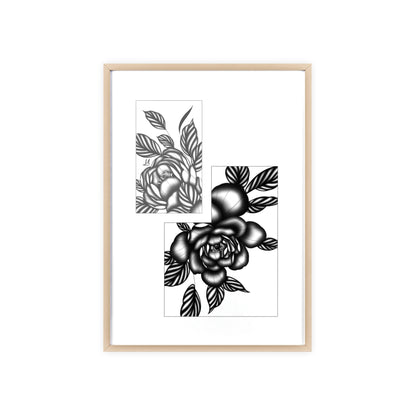 Detailed floral artwork in a black and white setting - Framed.